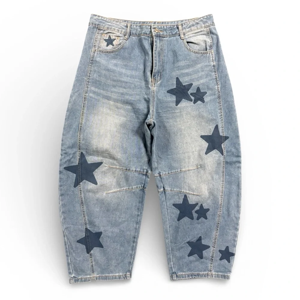 Y2K Style Star Print Barrel Jeans Women’s Medium Cropped Statement Denim - Picture 1 of 11